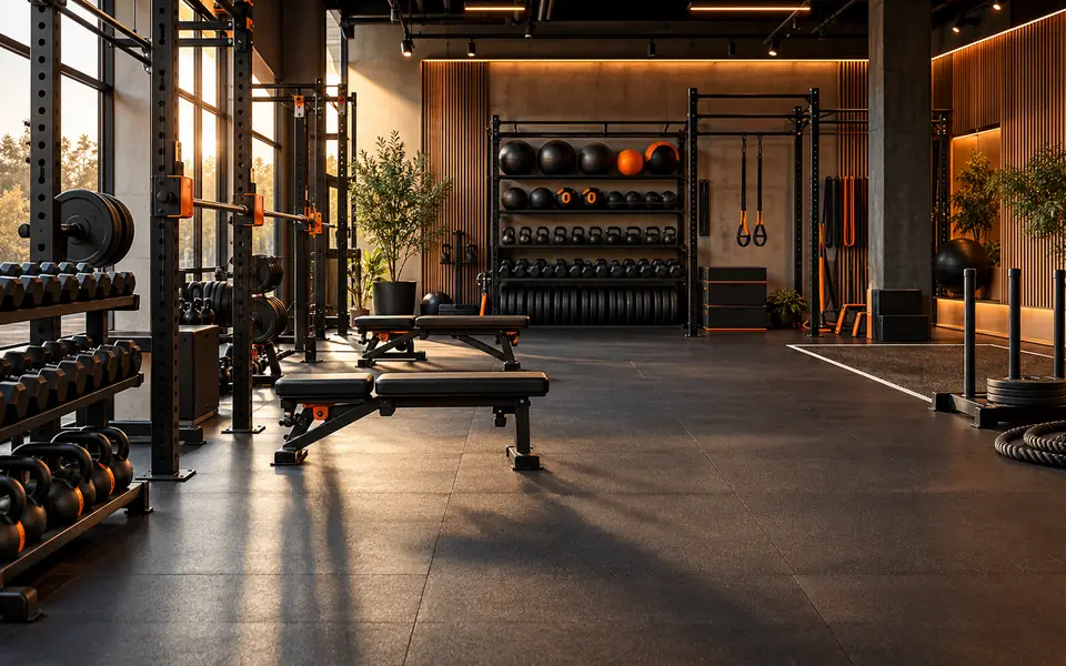 Moderne helle Trainingsfläche mit freien Gewichten